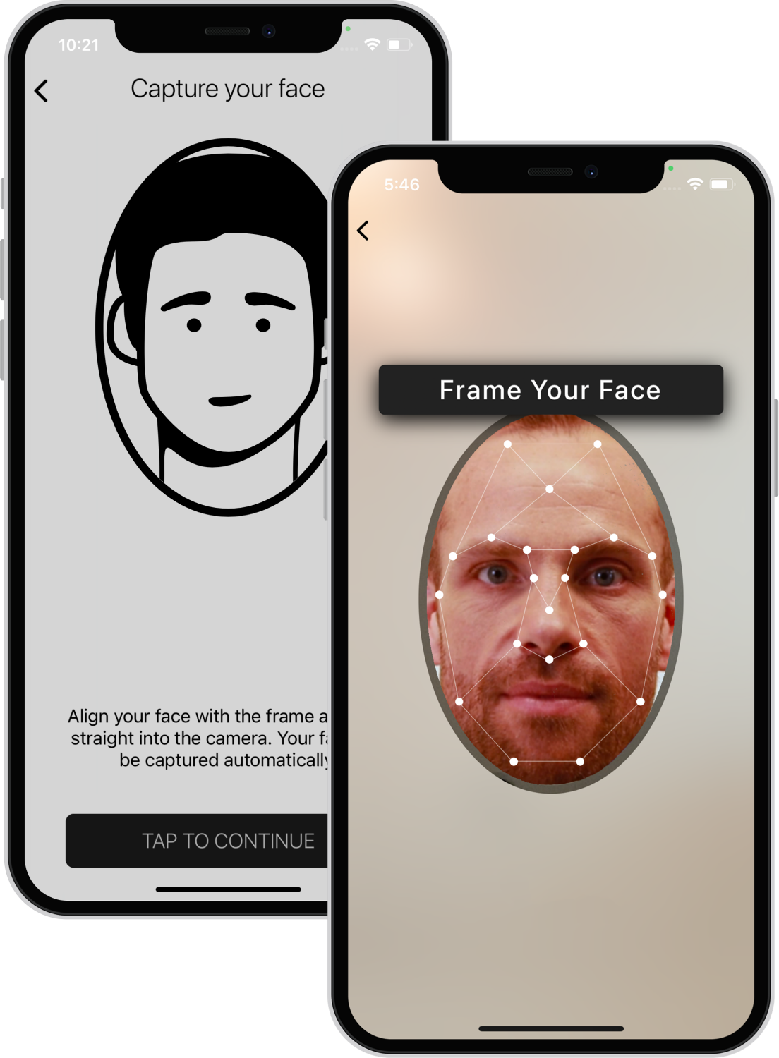 ID check: two phones showing ID verification on the app with facial scan and directions