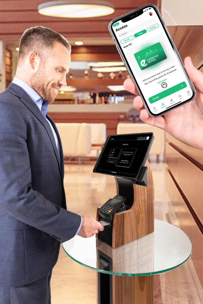 Virdee Virtual Reception Kiosk dispensing key in lobby with overlay of phone in hand with mobile key showing.
