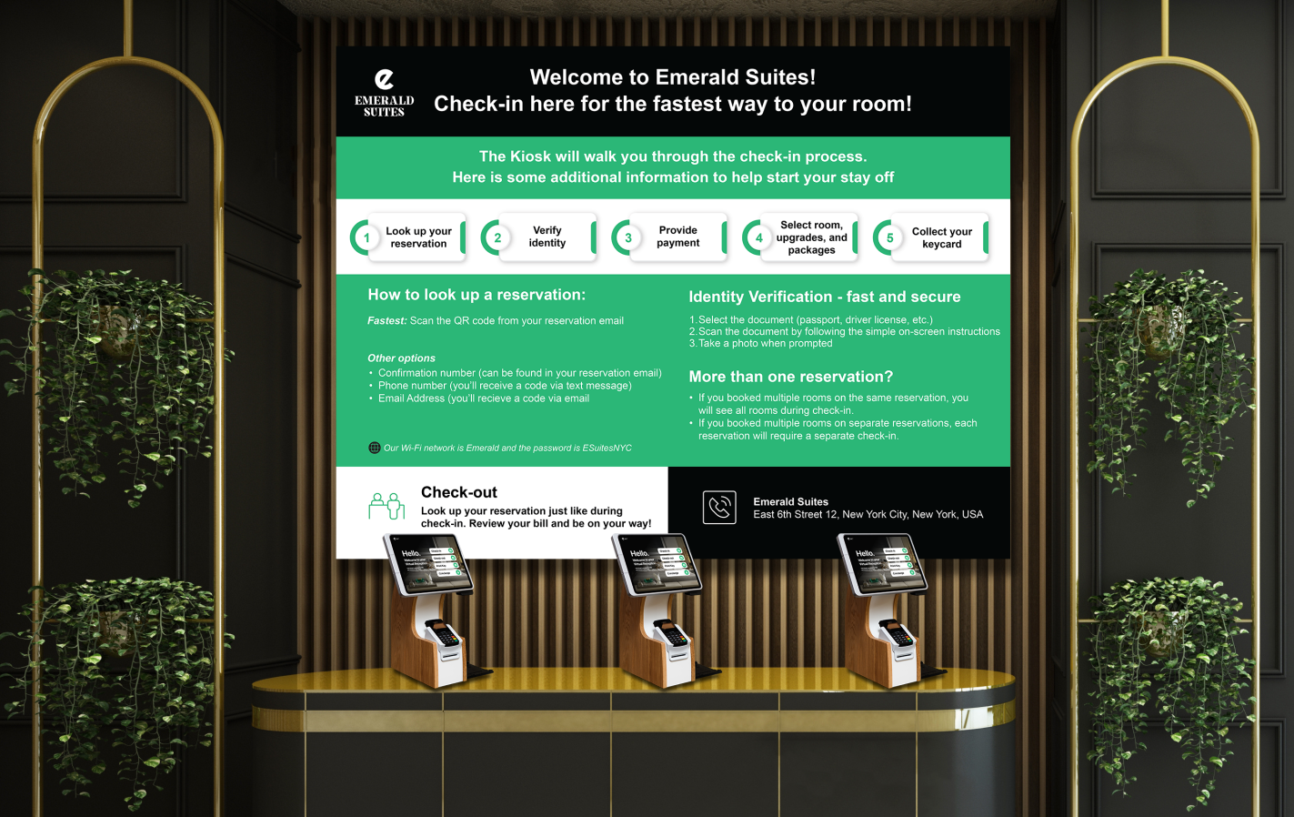 Lobby with table top kiosks and how-to infographic